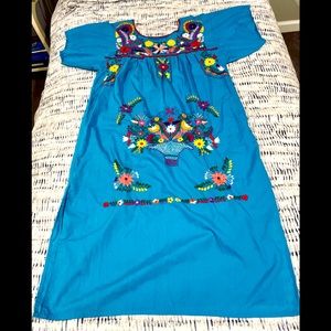 Vintage Mexican Elaborately Embroidered Traditional Huipil Dress Turquoi…